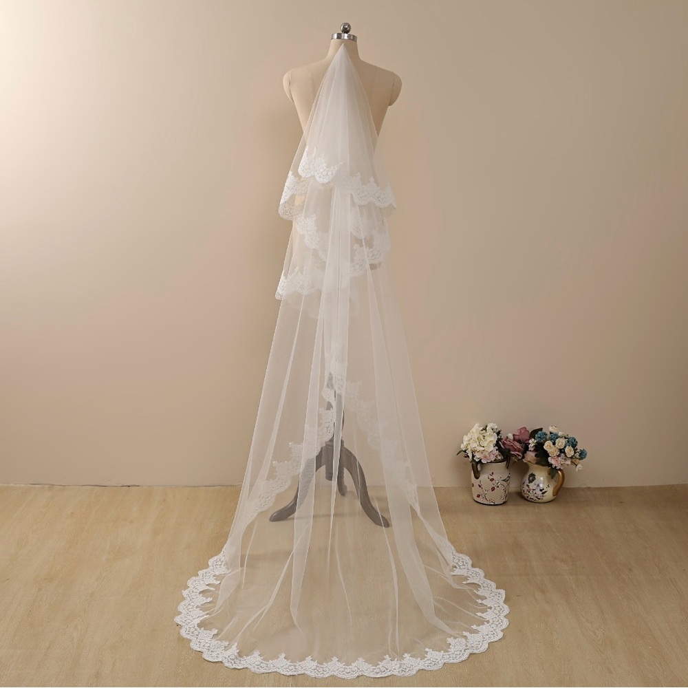 Etsy Cathedral Length Ivory Veil with Blusher and Scalloped Edge